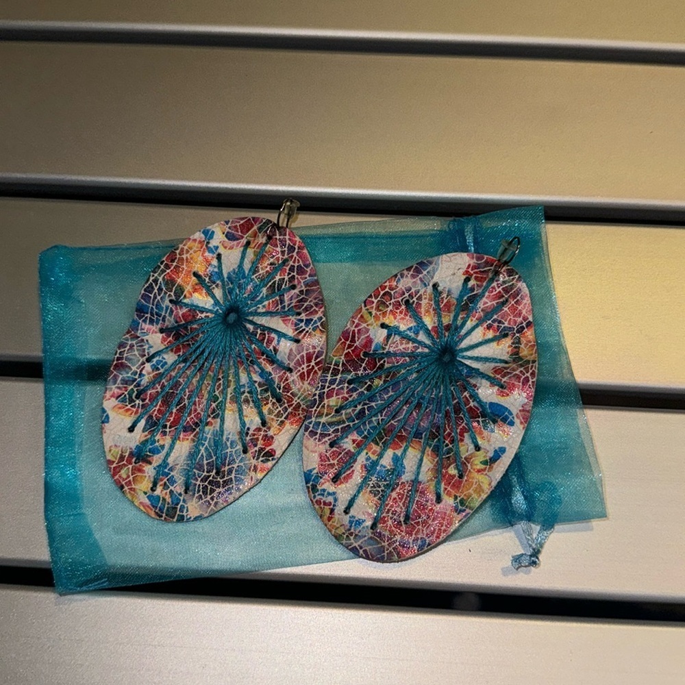 Turquoise and Pink handmade leather earring extra large
